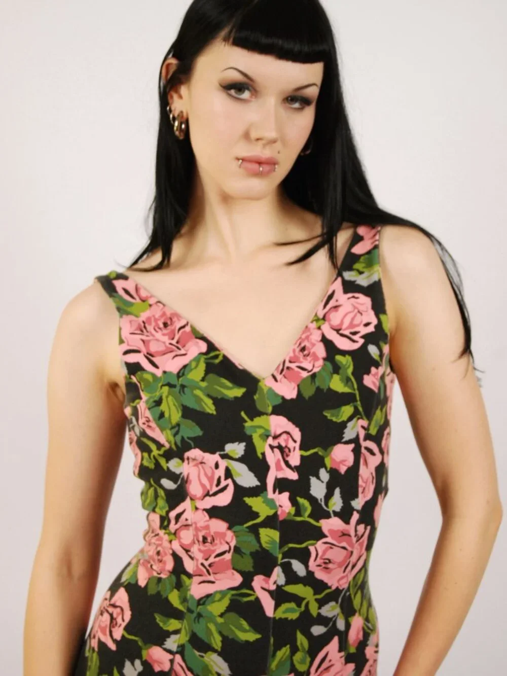 Y2K Betsey Johnson Maxi Dress (S) small black pink vintage rose floral tank chic - Picture 7 of 9